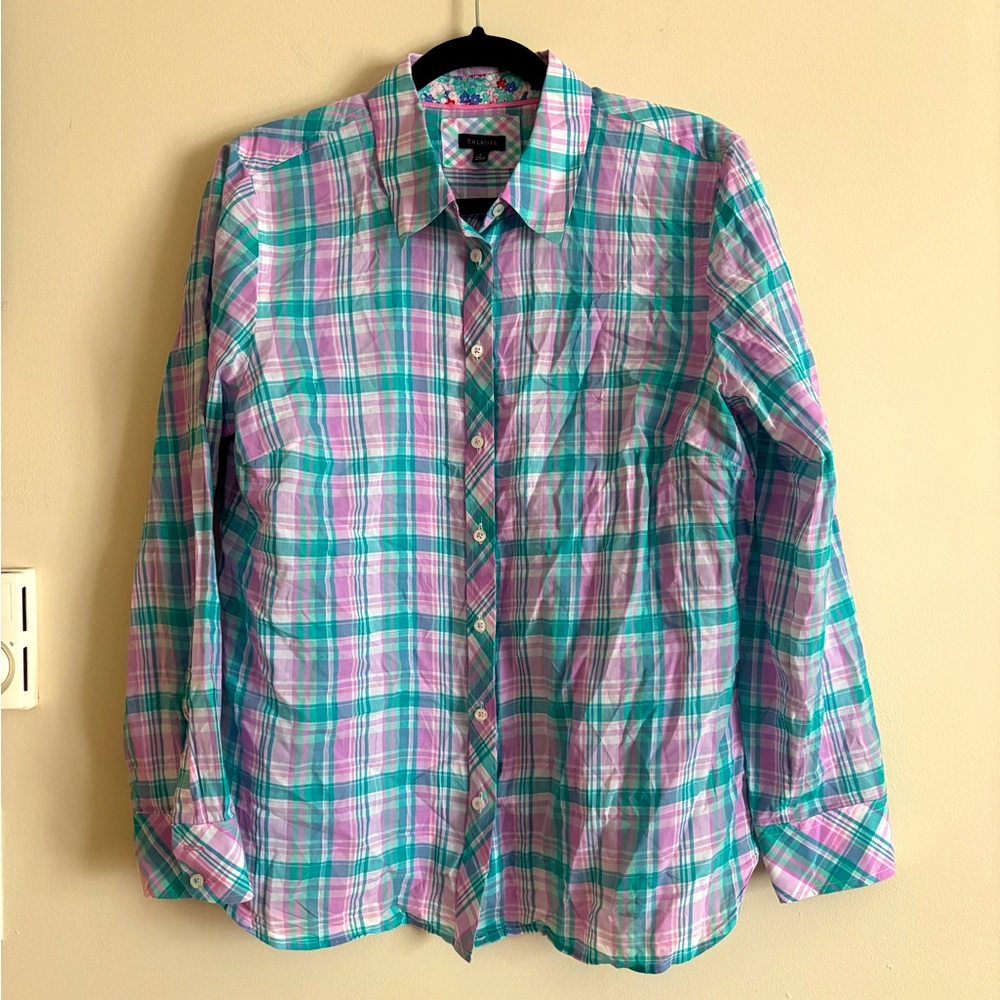 Talbots Large Button Up Blouse Plaid‎ Pastel Purple Pink Green Preppy Cotton